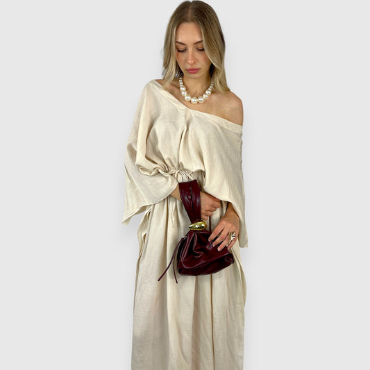 Abito kaftano lungo in cotone panna con spacchi laterali