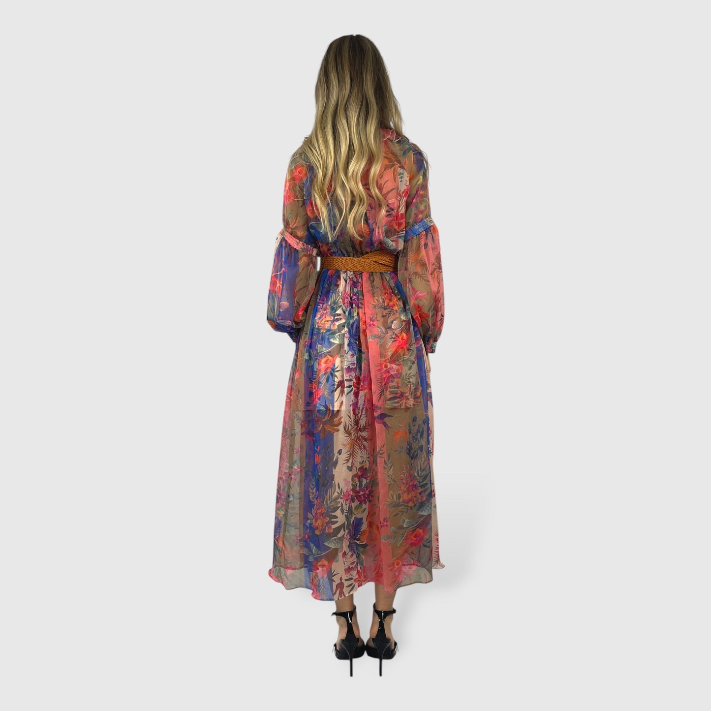 Abito lungo floreale in chiffon con cintura e rouches