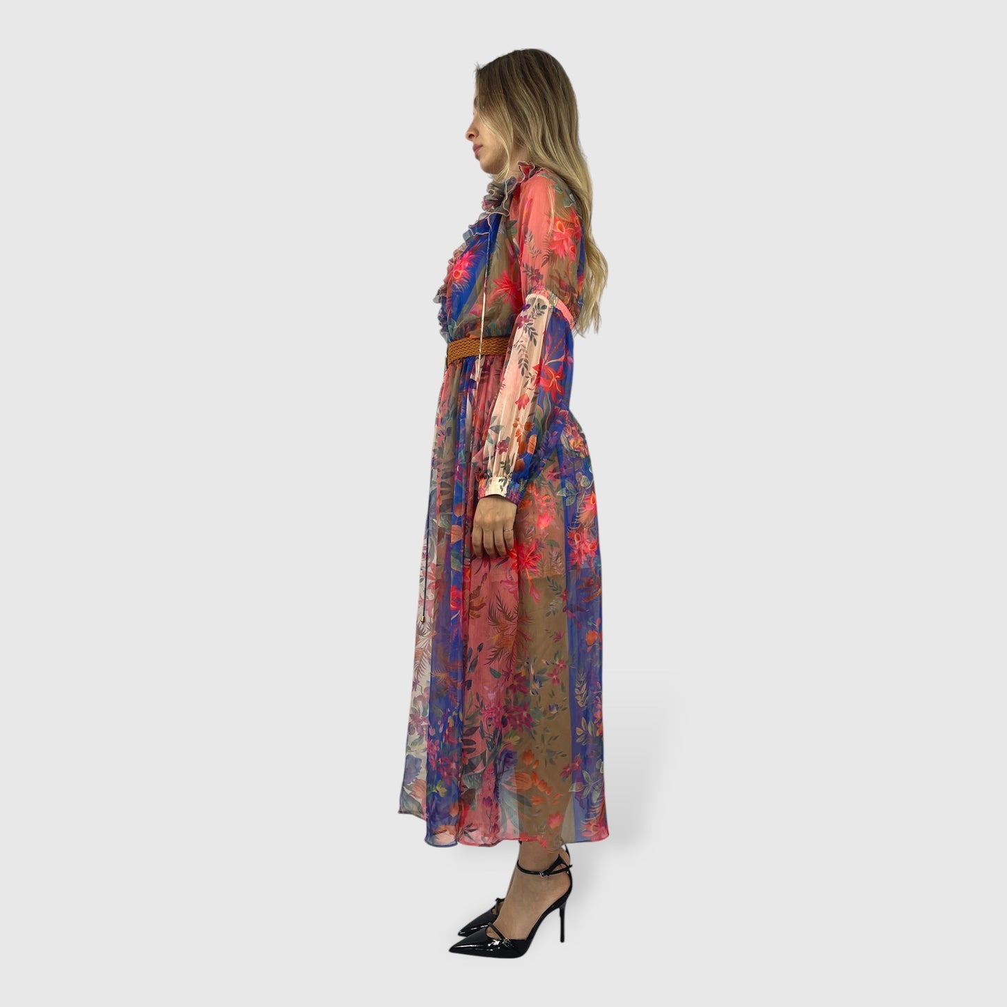 Abito lungo floreale in chiffon con cintura e rouches