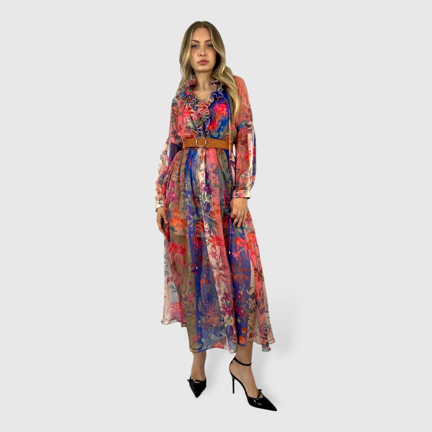 Abito lungo floreale in chiffon con cintura e rouches