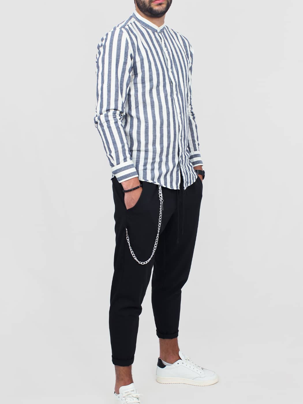 Camicia Uomo in Lino a Righe Verticali con Collo alla Coreana