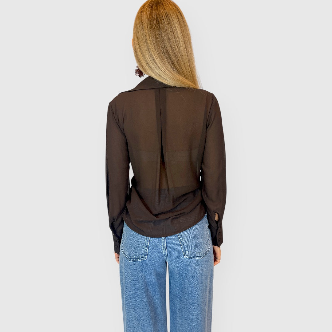 Camicia marrone in georgette con fiocco laterale