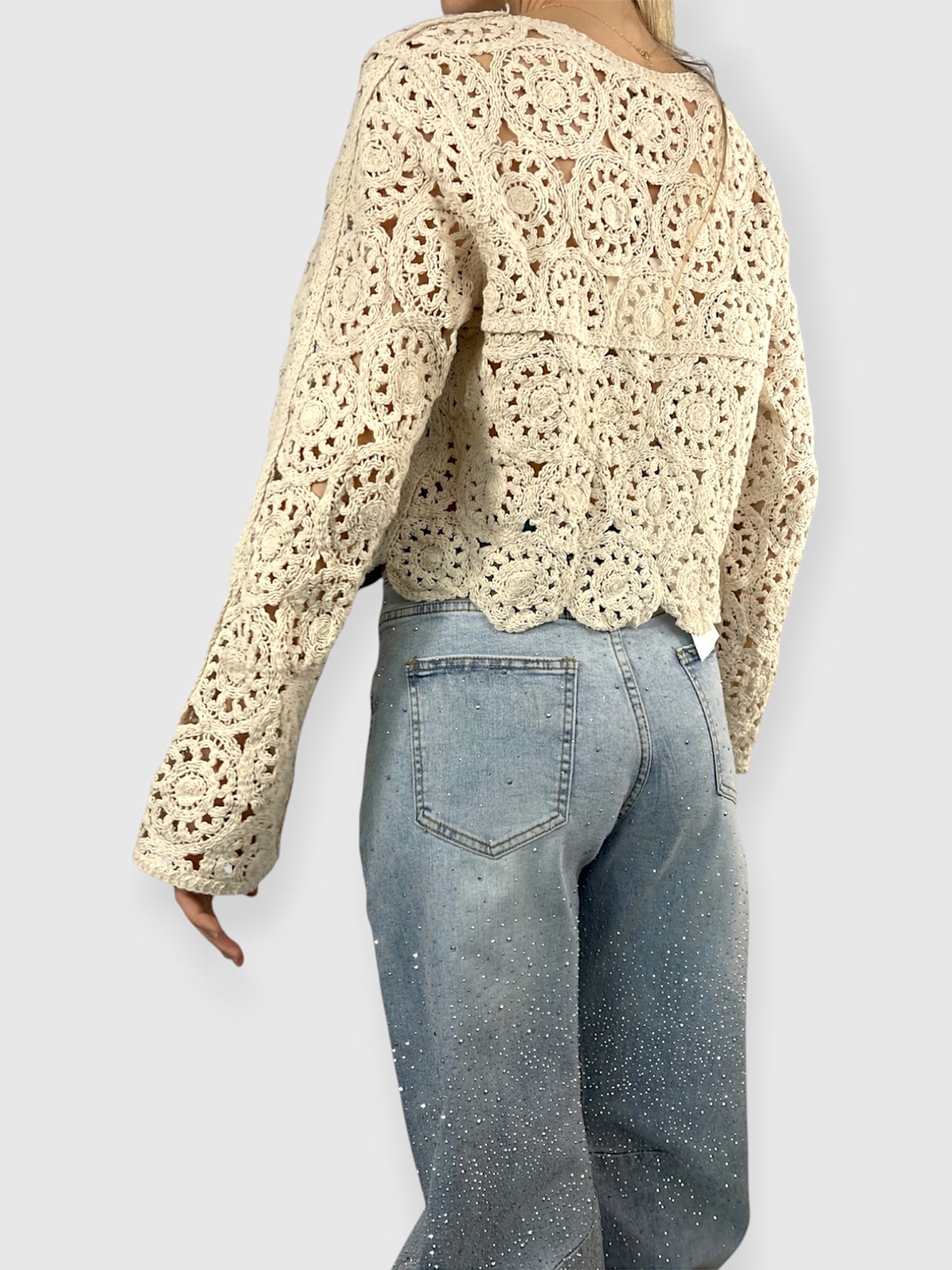 Cardigan crochet in cotone color panna