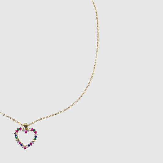 Collana con Ciondolo a Cuore in Oro e Zirconi Multicolor