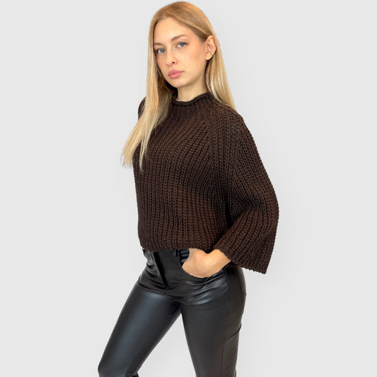 Maglione oversize a maglia grossa con collo alto – Variante Marrone