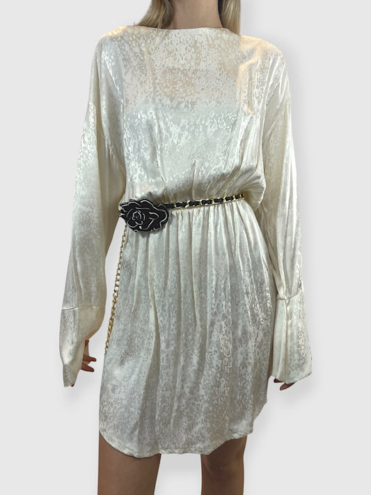 Mini dress panna in disco satin effetto leopardato con vita elasticizzata