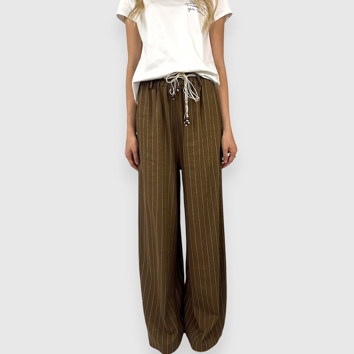 Pantalone Palazzo a Righe con Vita Elasticizzata e Cintura Decorativa