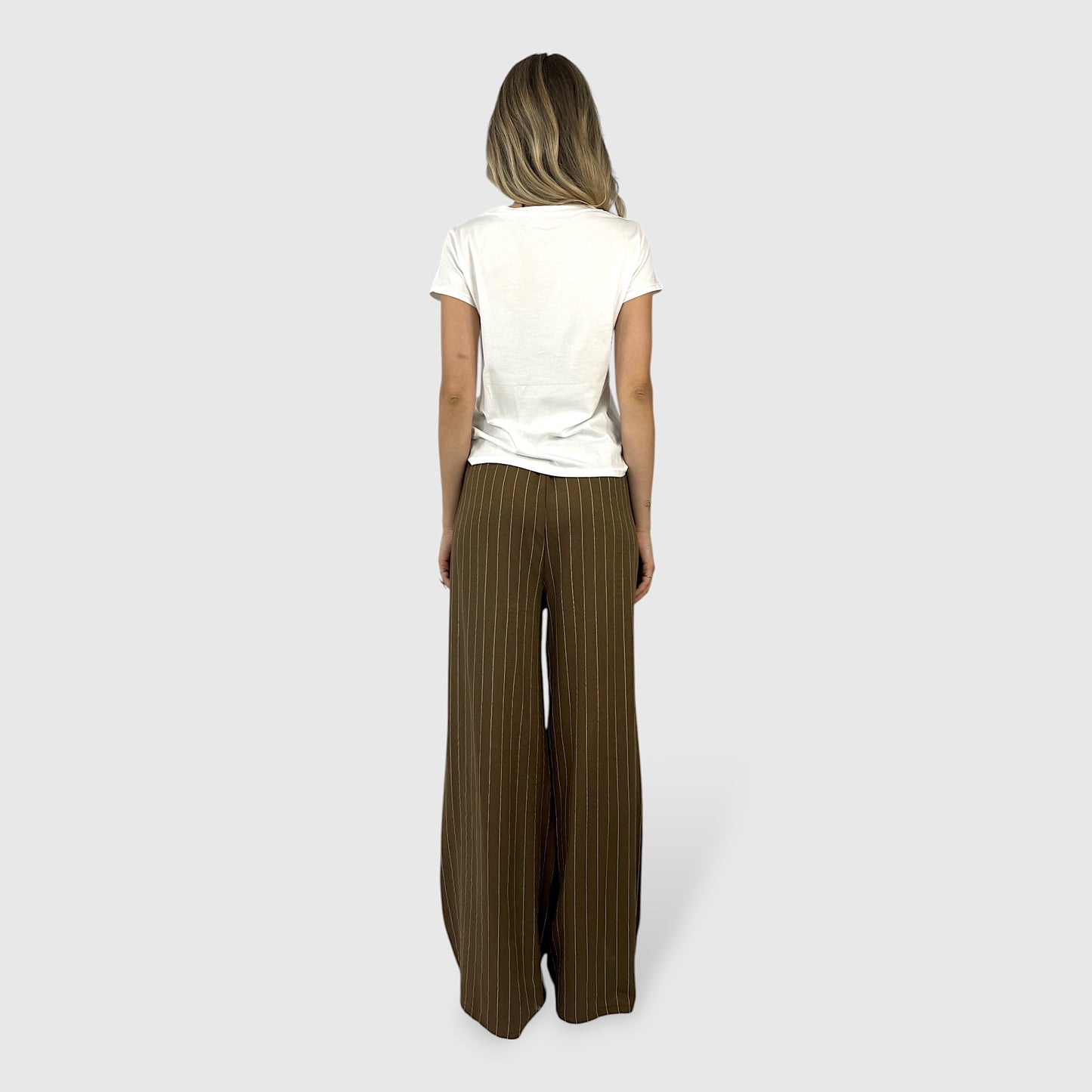 Pantalone Palazzo a Righe con Vita Elasticizzata e Cintura Decorativa