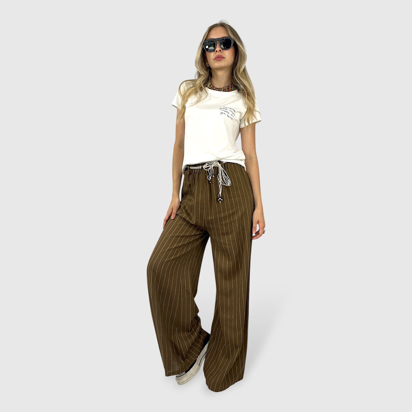 Pantalone Palazzo a Righe con Vita Elasticizzata e Cintura Decorativa