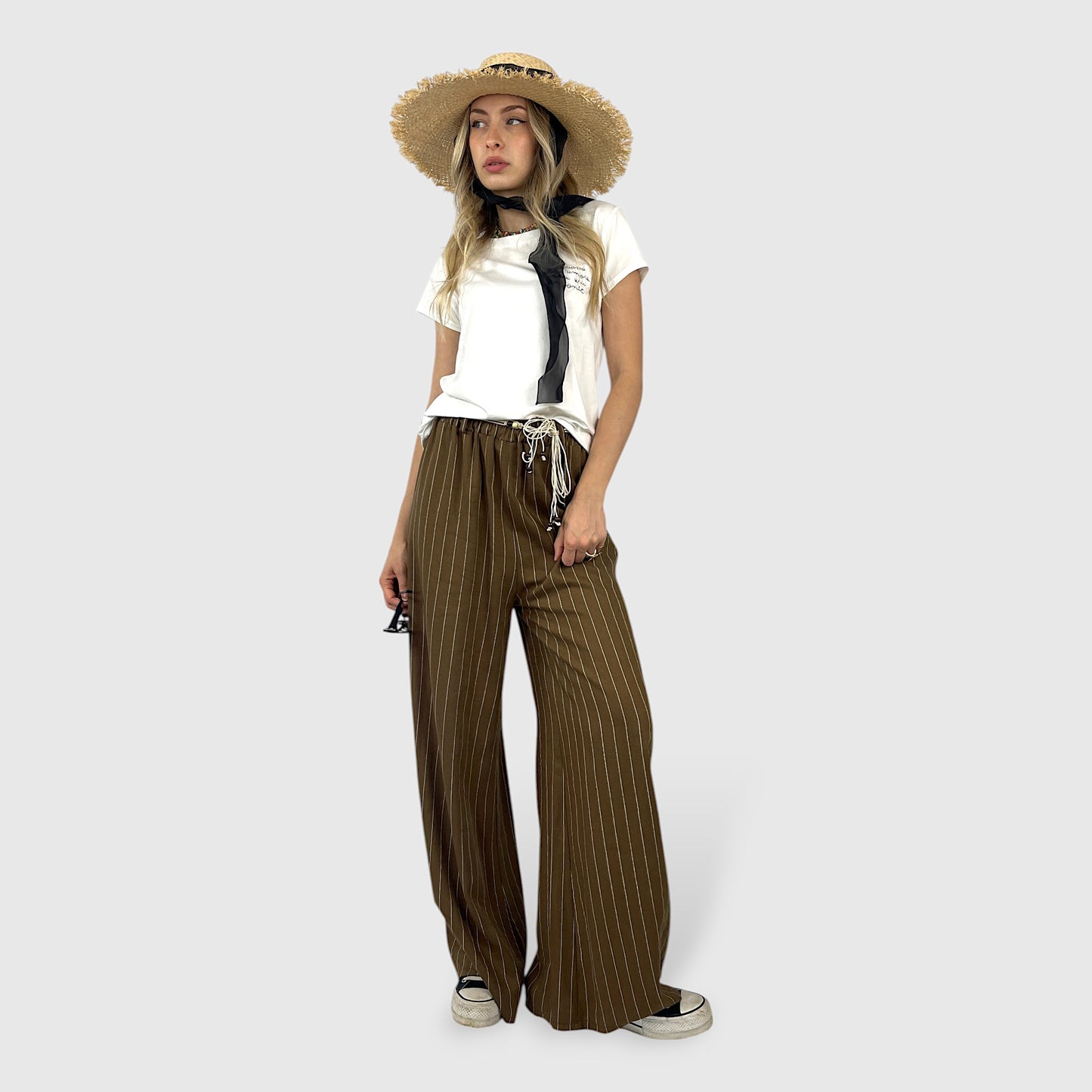 Pantalone Palazzo a Righe con Vita Elasticizzata e Cintura Decorativa