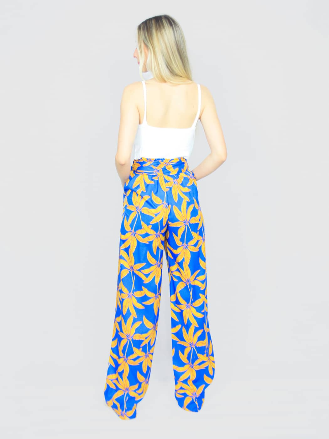 Pantalone a palazzo donna con fantasia floreale blu