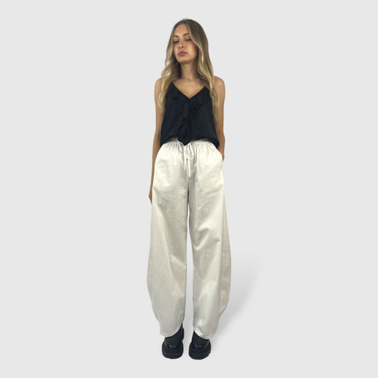 Pantalone a palazzo in popeline bianco con coulisse