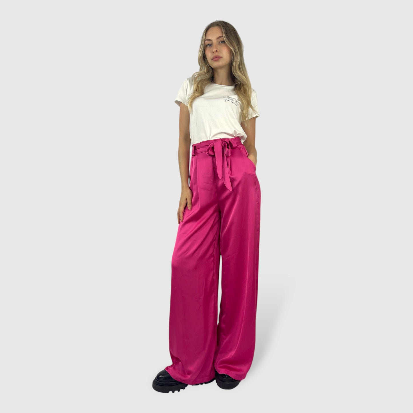 Pantalone palazzo in satin fucsia