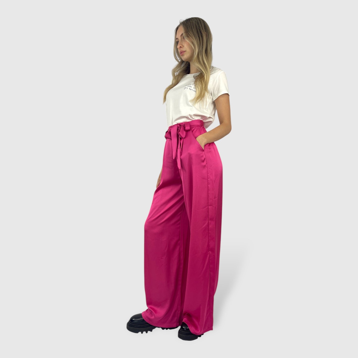 Pantalone palazzo in satin fucsia