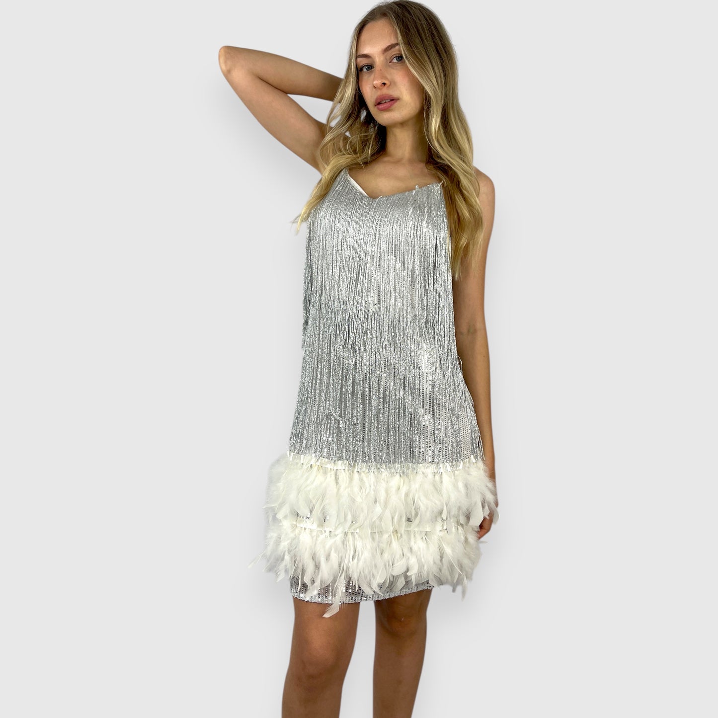 Vestito donna tubino con piume e dettaglio in lurex