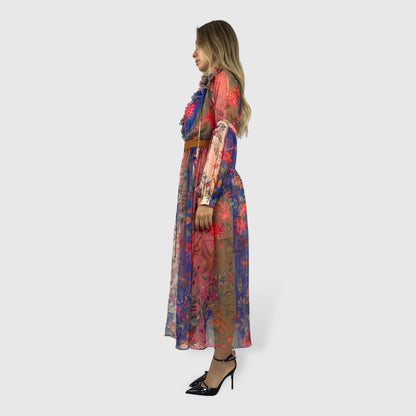 Abito lungo floreale in chiffon con cintura e rouches