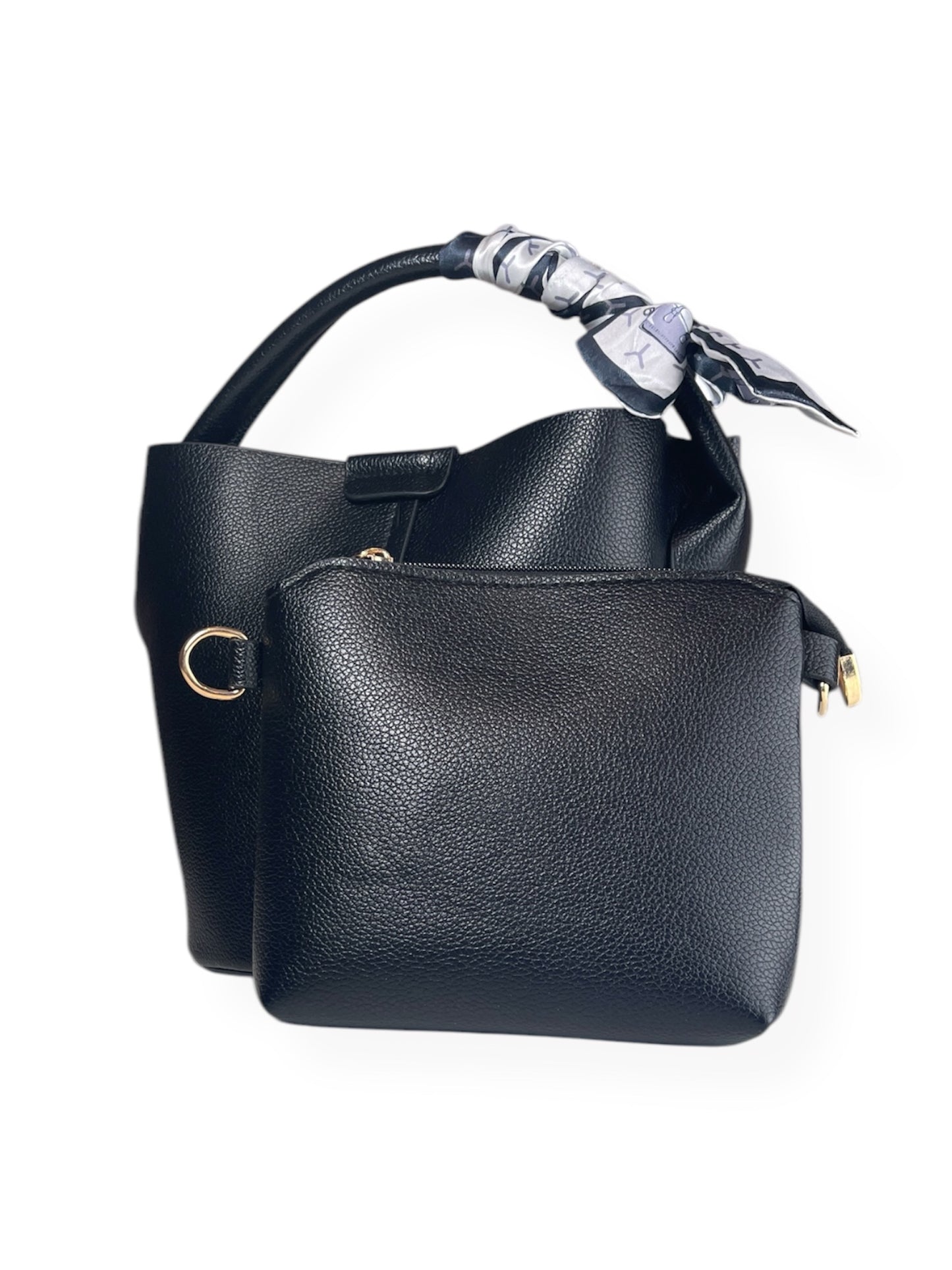 Borsa a secchiello in eco-pelle nera con foulard decorativo