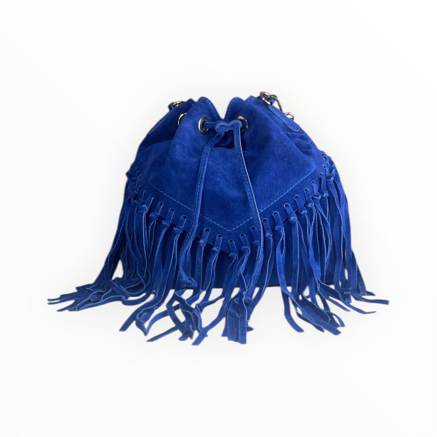 Borsa secchiello in camoscio con frange e chiusura a coulisse
