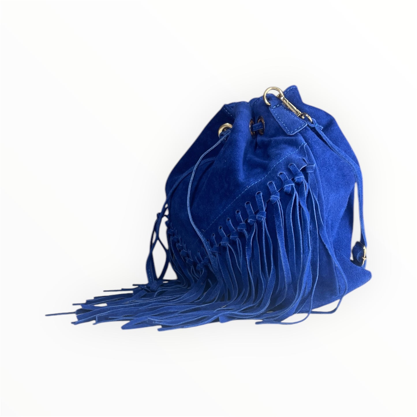 Borsa secchiello in camoscio con frange e chiusura a coulisse