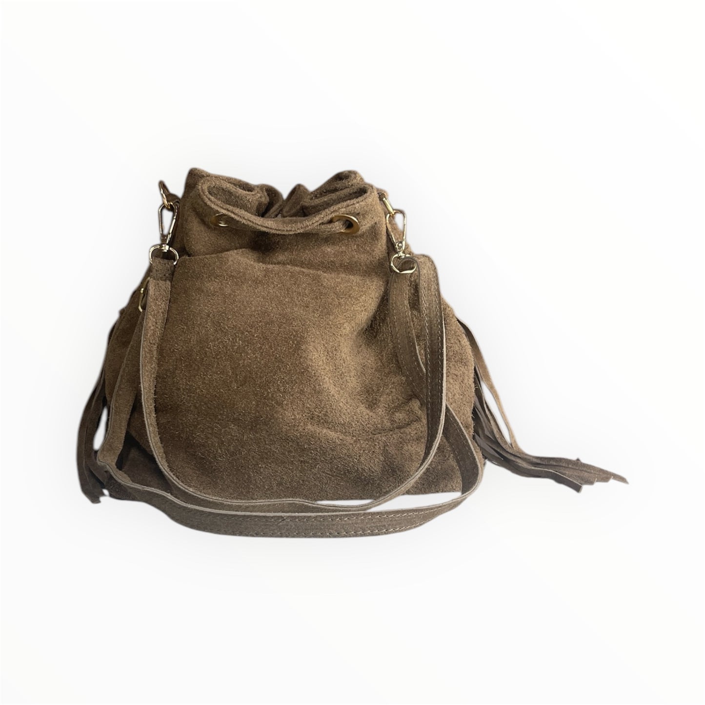 Borsa secchiello in camoscio con frange e chiusura a coulisse