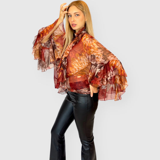 Camicia a fiori con maniche ampie in chiffon