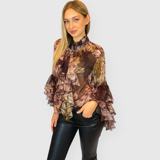 Camicia a fiori con maniche ampie in chiffon
