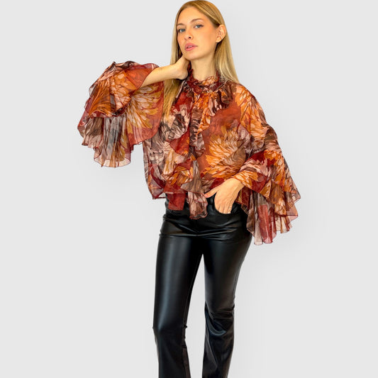 Camicia a fiori con maniche ampie in chiffon