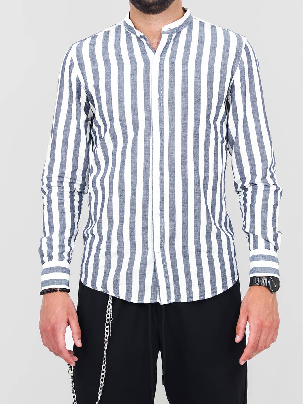 Camicia Uomo in Lino a Righe Verticali con Collo alla Coreana