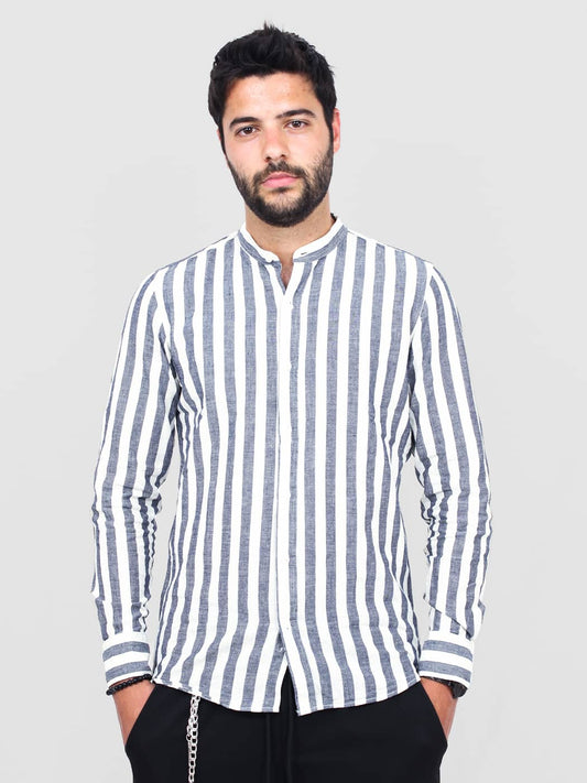 Camicia Uomo in Lino a Righe Verticali con Collo alla Coreana