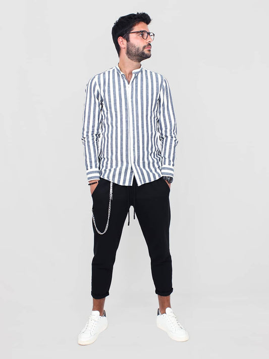 Camicia Uomo in Lino a Righe Verticali con Collo alla Coreana