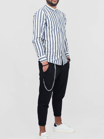 Camicia Uomo in Lino a Righe Verticali con Collo alla Coreana