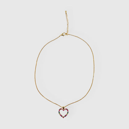 Collana con Ciondolo a Cuore in Oro e Zirconi Multicolor