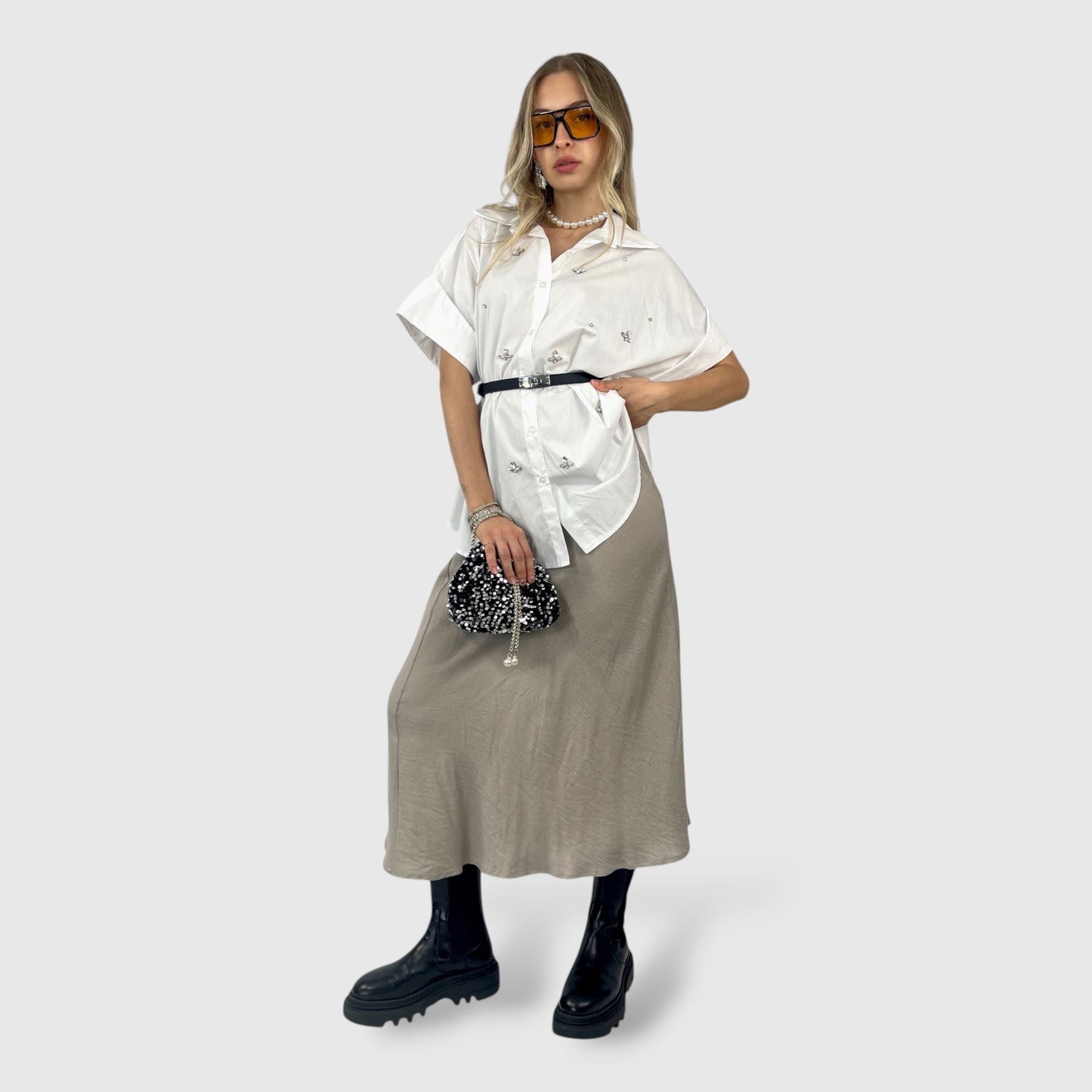 Gonna Lunga Donna in Viscosa con Taglio Asimmetrico in Vita