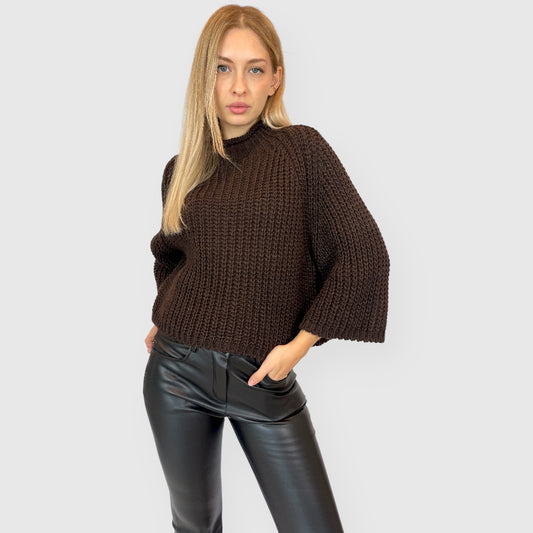 Maglione oversize a maglia grossa con collo alto – Variante Marrone