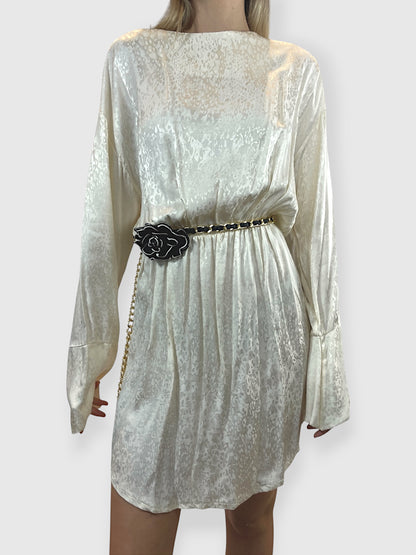 Mini dress panna in disco satin effetto leopardato con vita elasticizzata