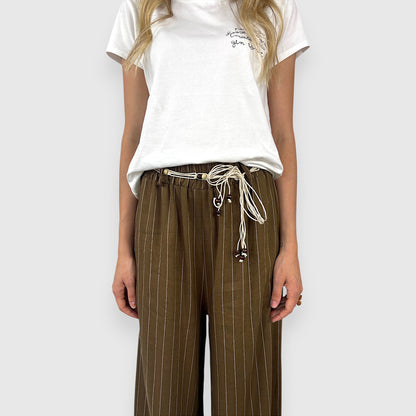 Pantalone Palazzo a Righe con Vita Elasticizzata e Cintura Decorativa