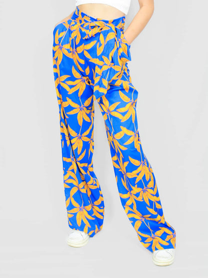Pantalone a palazzo donna con fantasia floreale blu