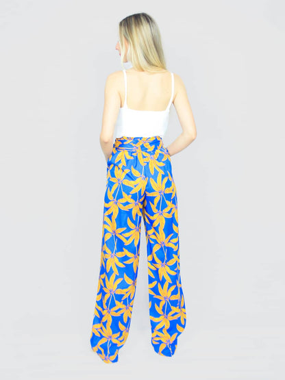 Pantalone a palazzo donna con fantasia floreale blu
