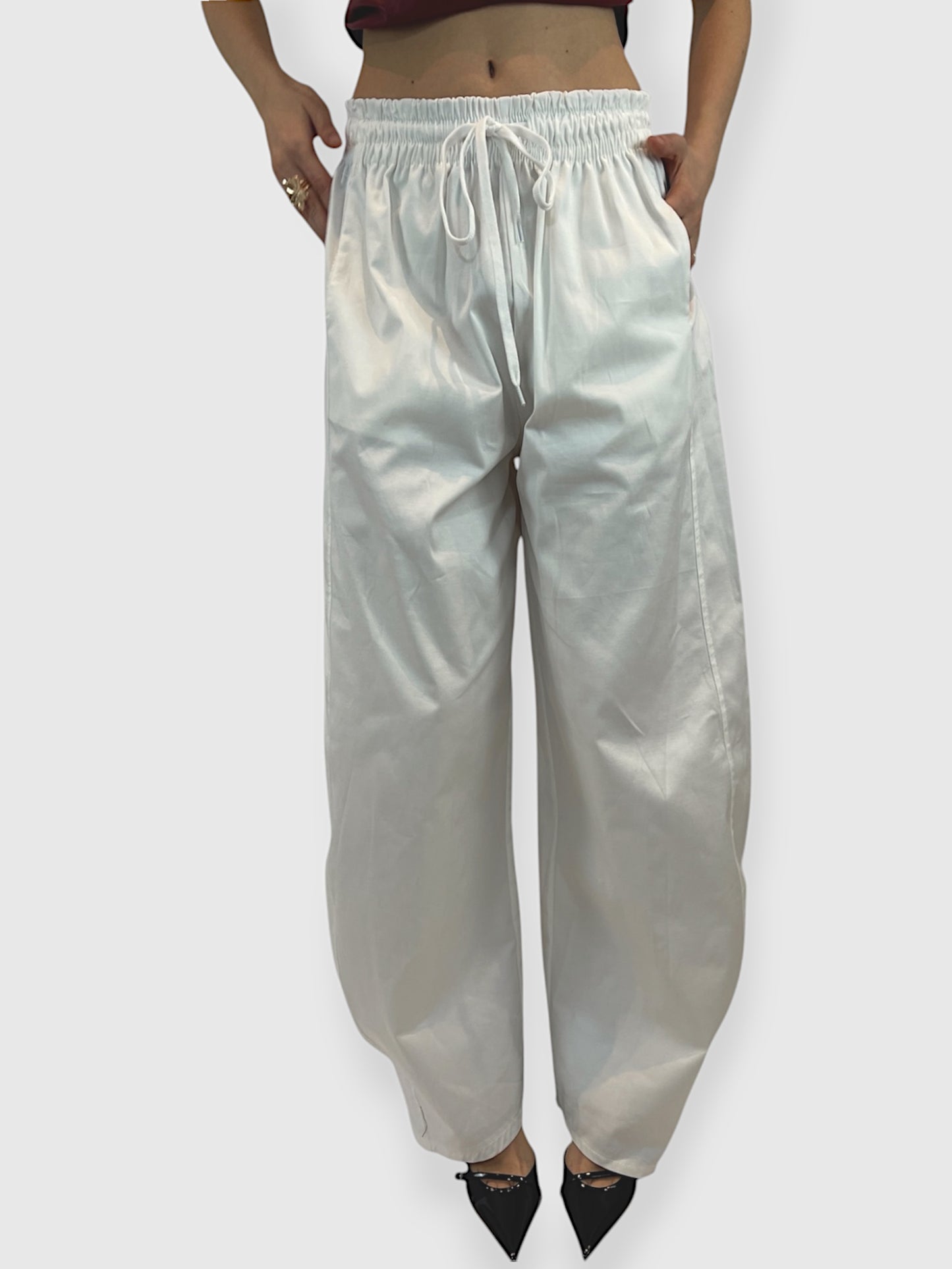 Pantalone a palazzo in popeline bianco con coulisse