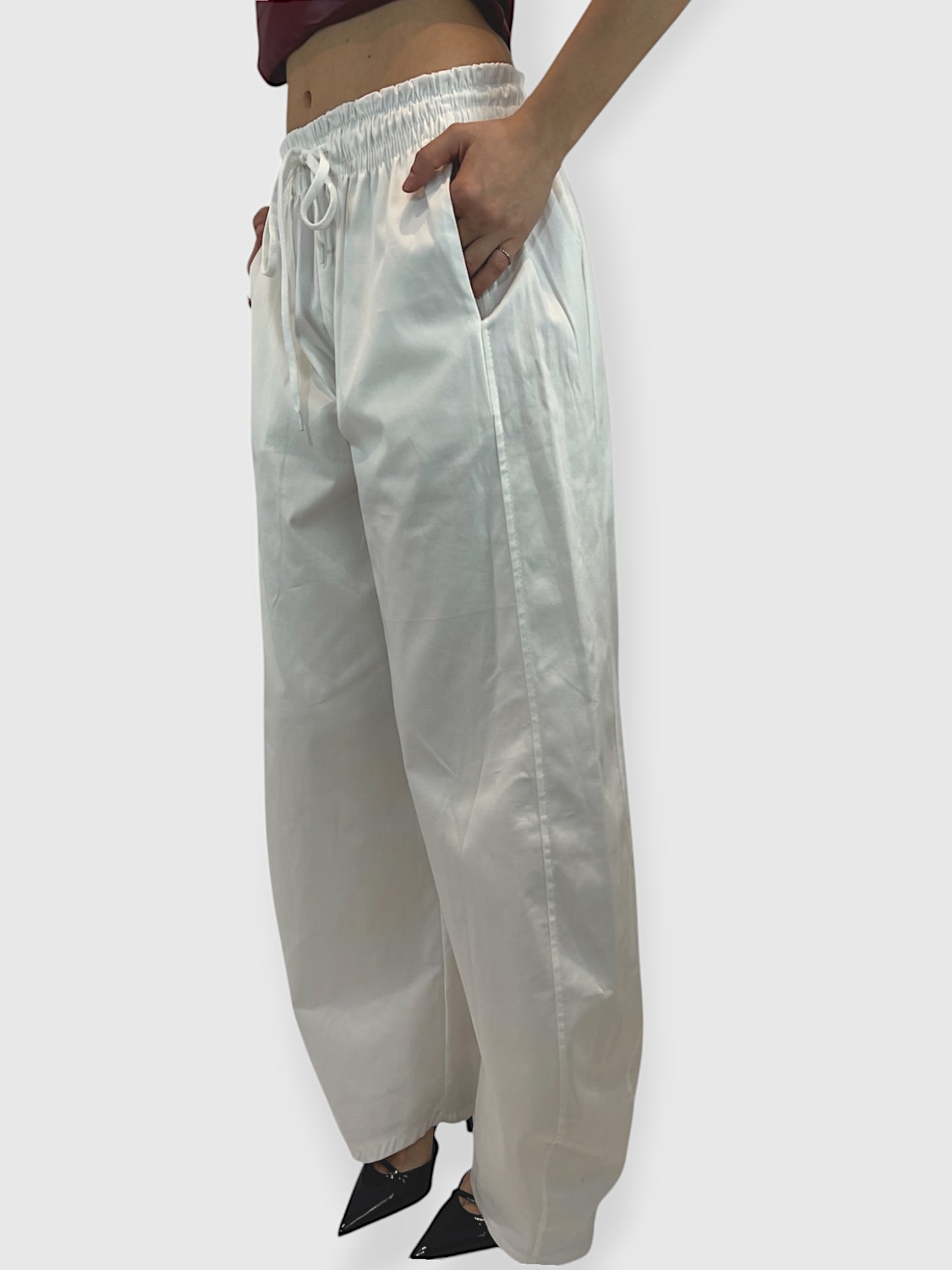 Pantalone a palazzo in popeline bianco con coulisse
