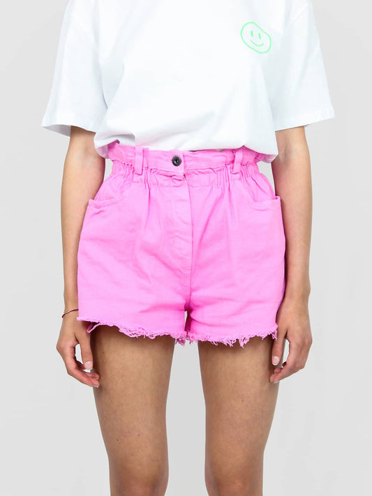 Short in denim rosa con elastico in vita