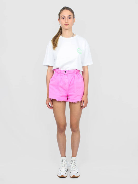 Short in denim rosa con elastico in vita