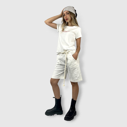 Shorts Bermuda in Lino con Vita Elasticizzata e Cintura in Corda