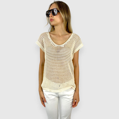 Top Donna in Maglia Rete Beige Smanicato con Scollo a V