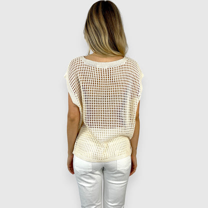 Top Donna in Maglia Rete Beige Smanicato con Scollo a V