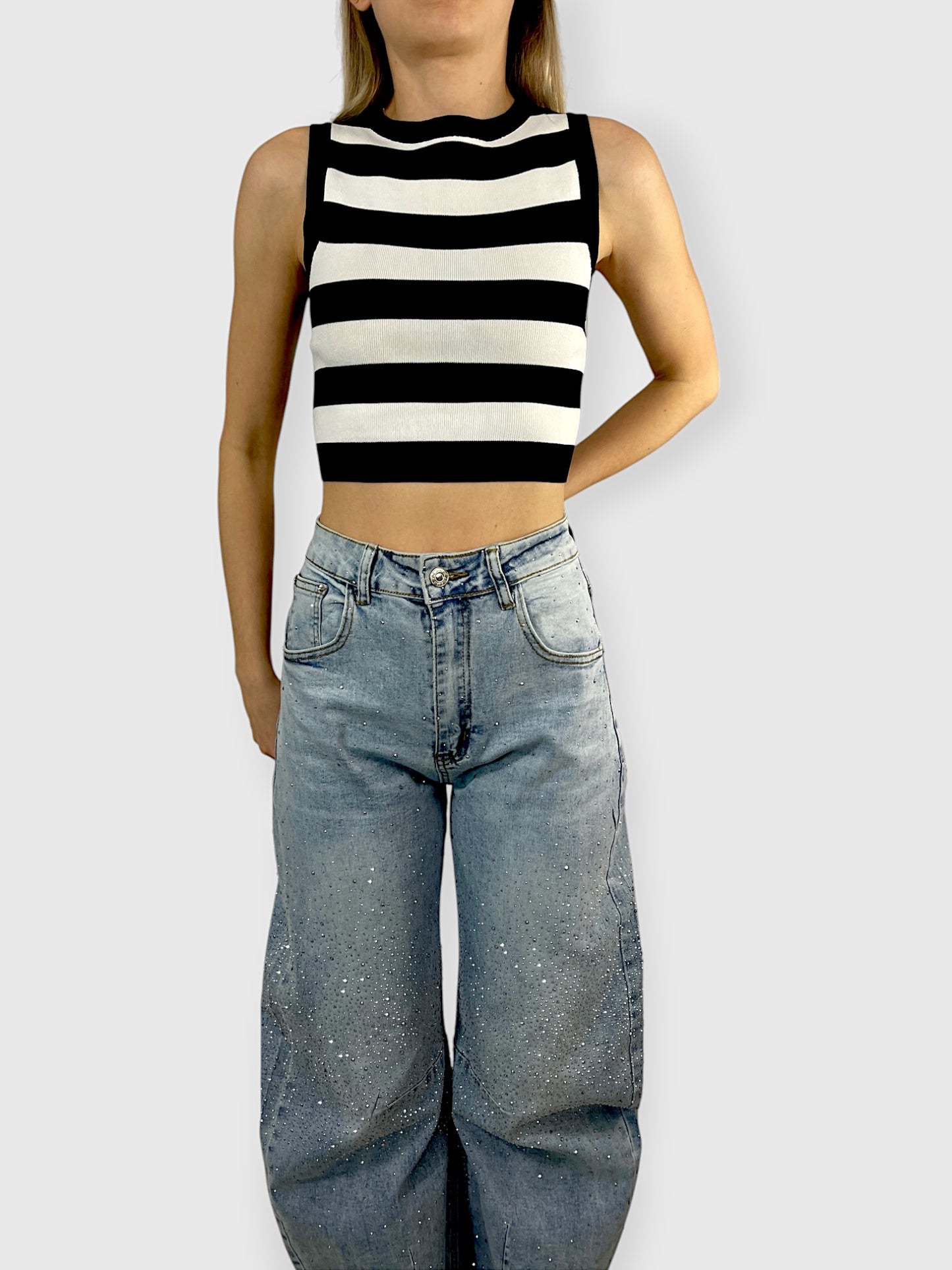 Top a righe senza maniche in maglia elasticizzata
