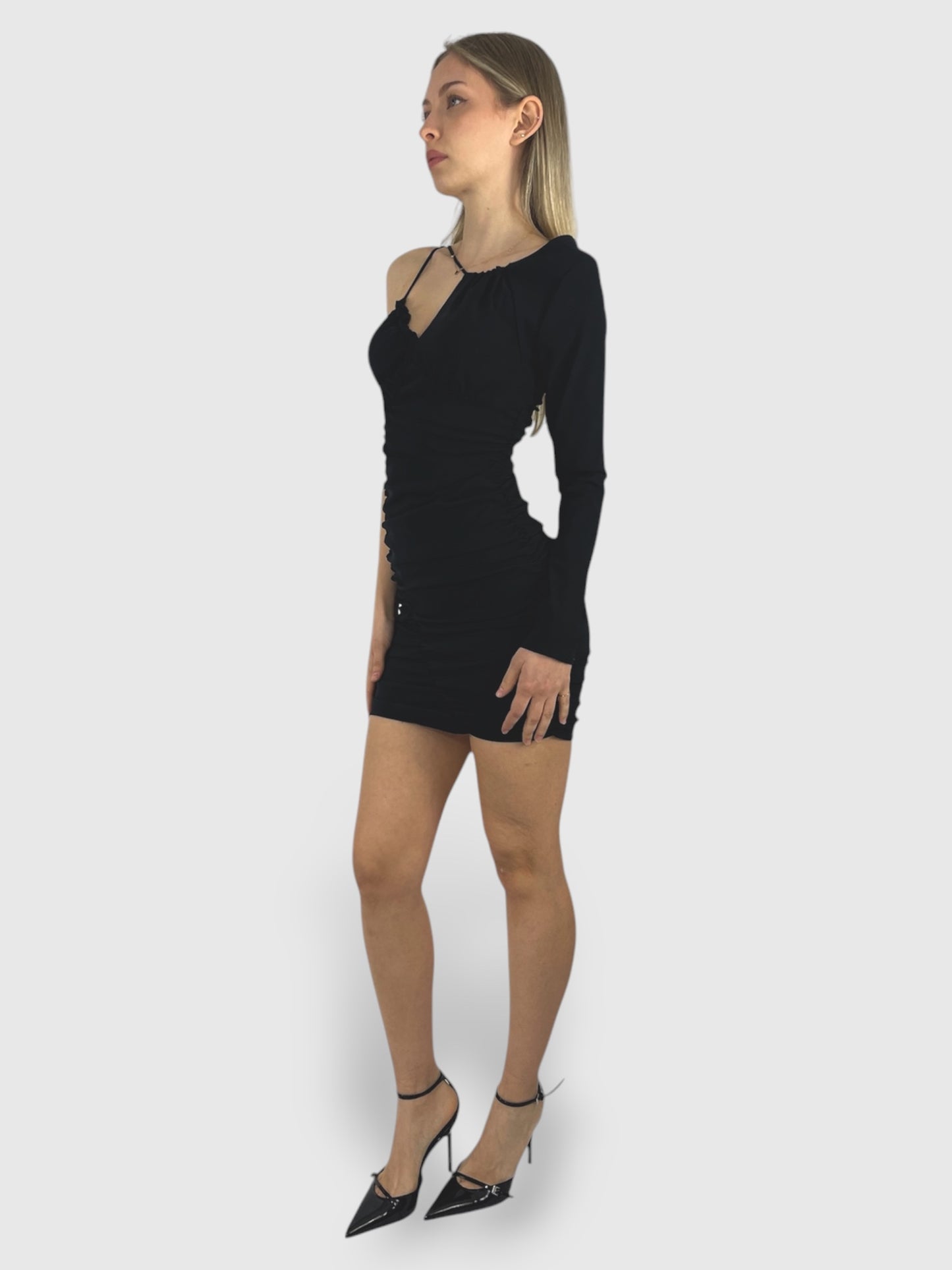 Vestito donna tubino mono spalla arricciato bretella scollo V elegante